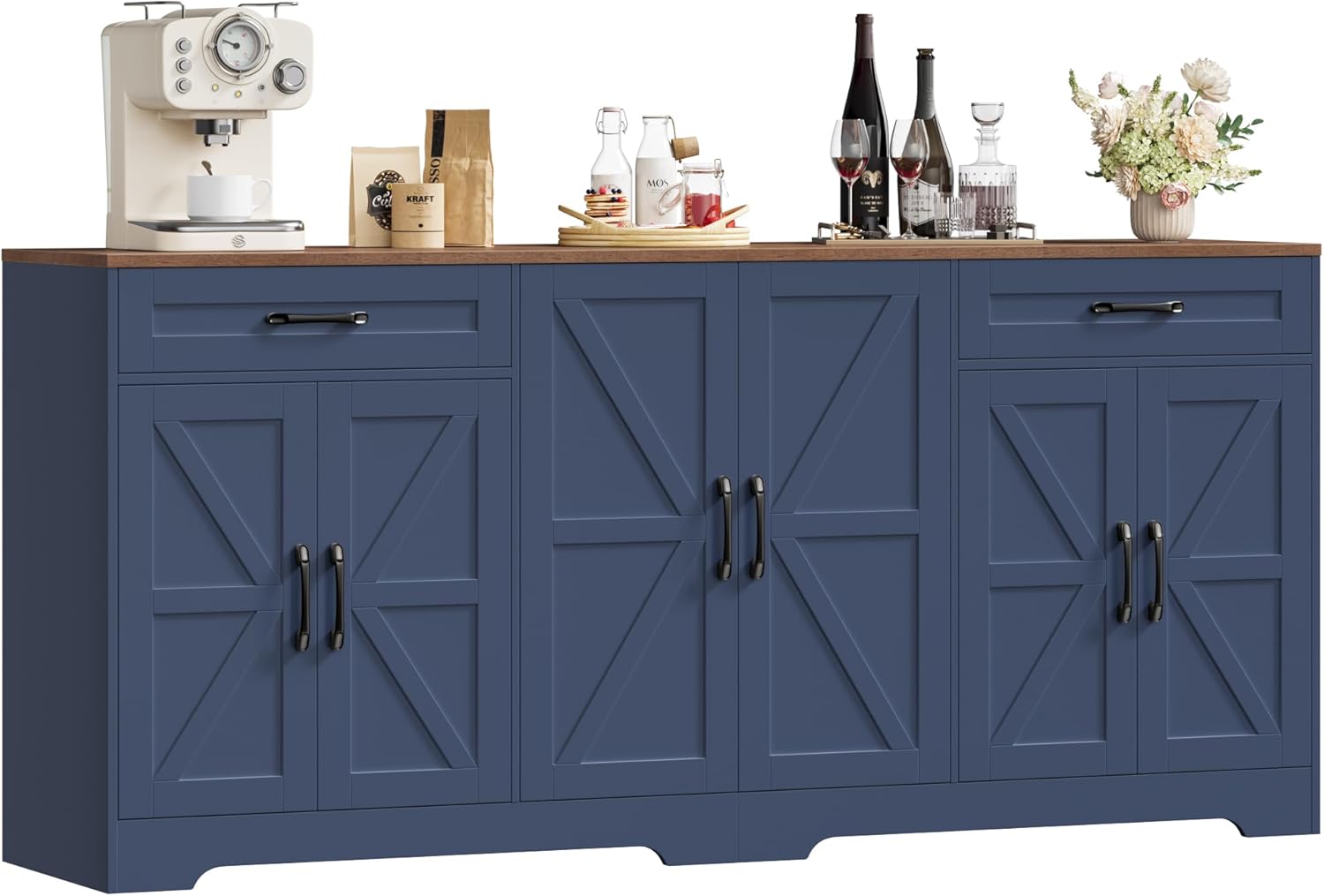 71” Large Sideboard Buffet Cabinet with Storage, Farmhouse Kitchen Buffet Cabinet with Adjustable Shelves and 6 Barn Doors, Wood Coffee Wine Bar Console Table for Kitchen, Dining Room, Navy Blue