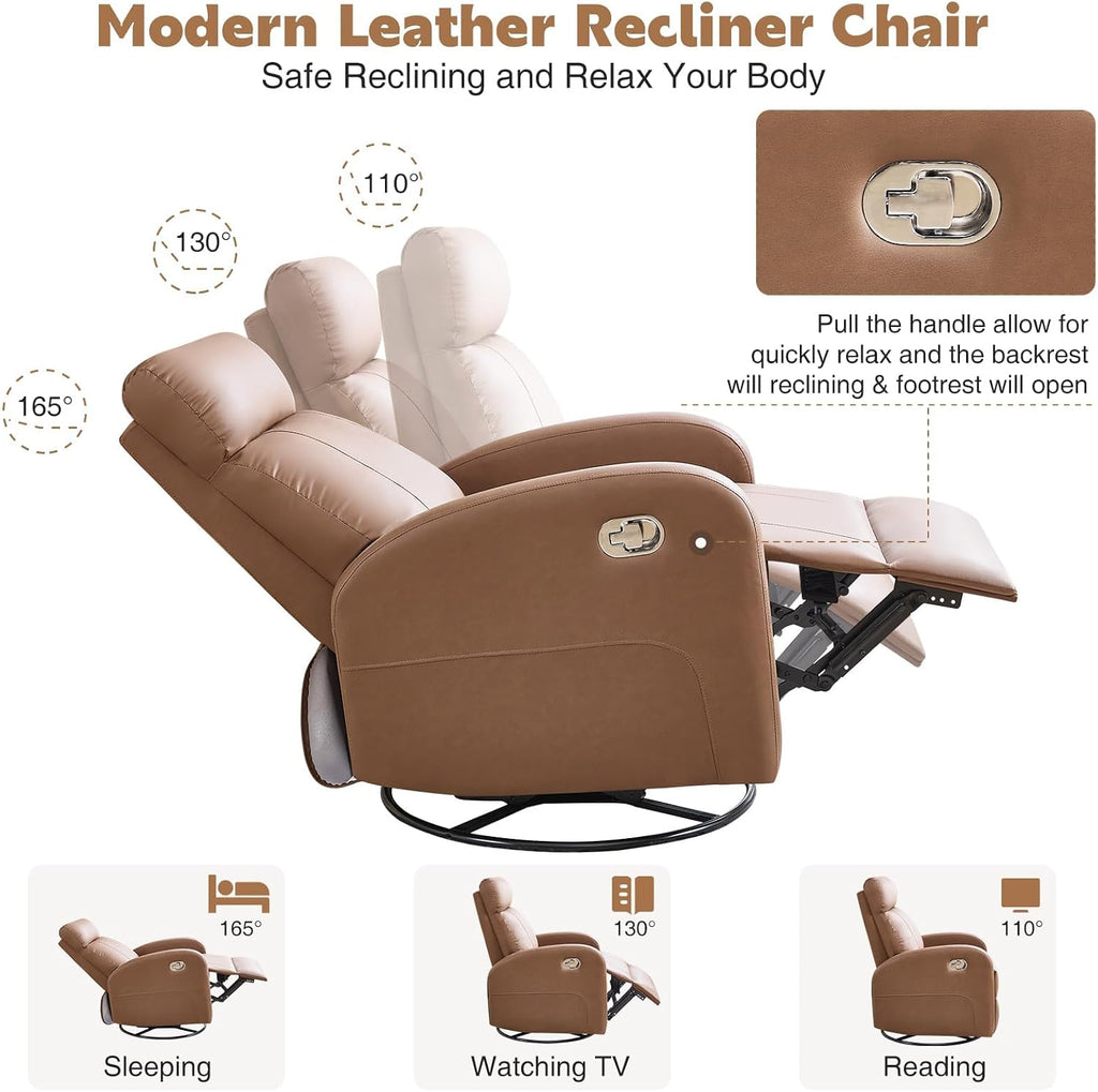 Swivel Rocker Recliner Chairs, Manual Faux Leather Recliners, 360° Swivel Nursery Reclining Chair Glider Rocking Recliner with Adjustable Headrest Highback for Living Room, PU Coffee