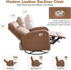 Swivel Rocker Recliner Chairs, Manual Faux Leather Recliners, 360° Swivel Nursery Reclining Chair Glider Rocking Recliner with Adjustable Headrest Highback for Living Room, PU Coffee