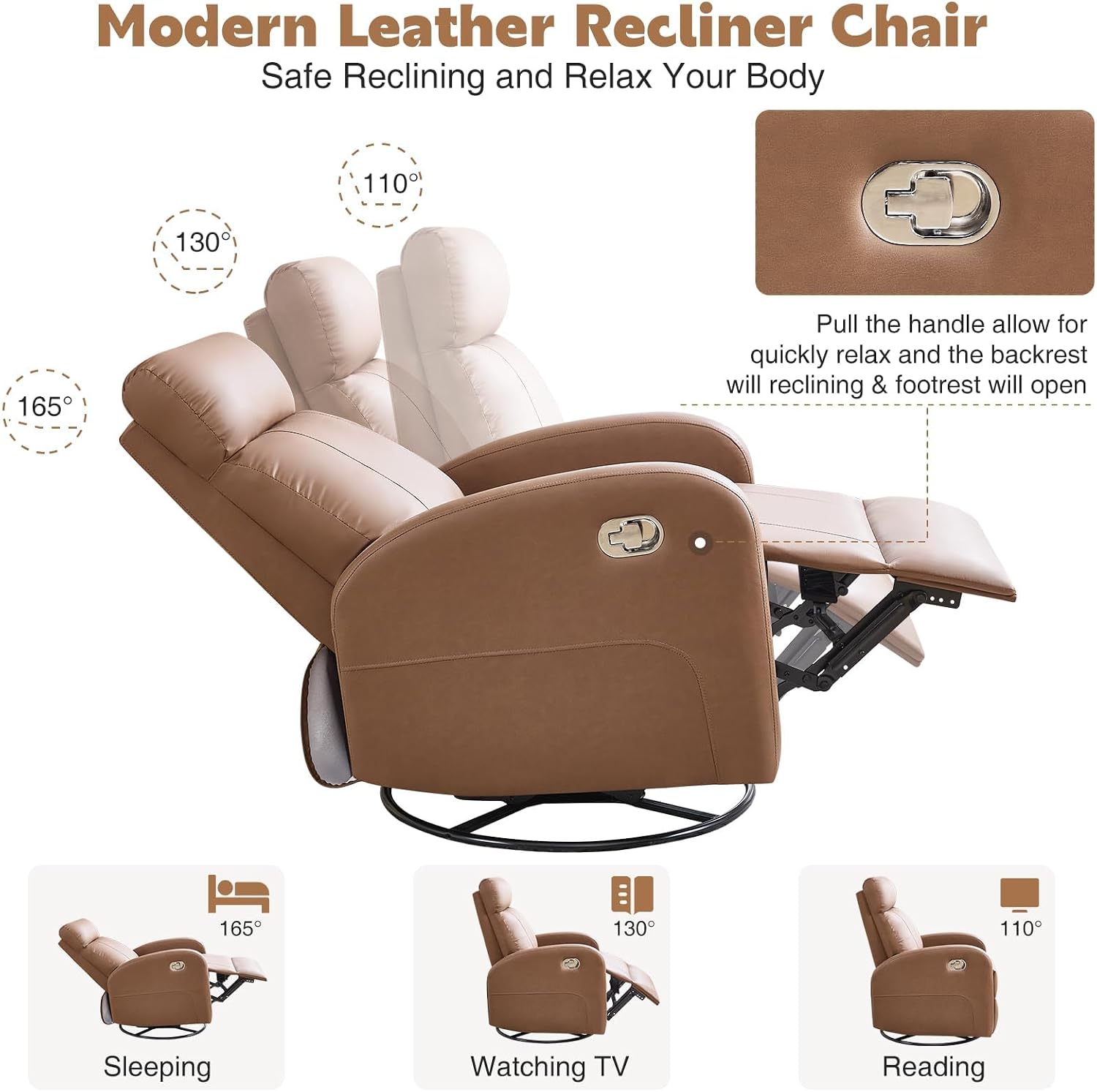 Swivel Rocker Recliner Chairs, Manual Faux Leather Recliners, 360° Swivel Nursery Reclining Chair Glider Rocking Recliner with Adjustable Headrest Highback for Living Room, PU Coffee
