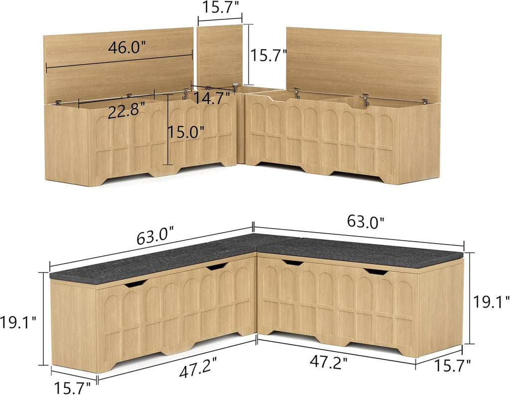 3-Piece L-Shaped Multifunctional Storage Bench with Padded Shoe Bench, Serves as a Kitchen Corner Stool, Toy Storage Box, or Reading Nook seat, Natural Color, 63" D x 63" W x 19.1" H