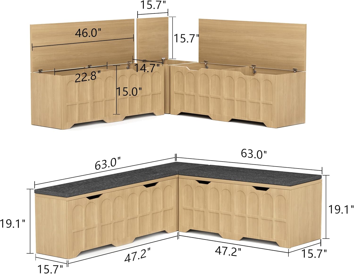 3-Piece L-Shaped Multifunctional Storage Bench with Padded Shoe Bench, Serves as a Kitchen Corner Stool, Toy Storage Box, or Reading Nook seat, Natural Color, 63" D x 63" W x 19.1" H