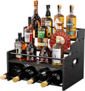 KLM 4-Tier Wood Display Shelf, Black Modern Bottle Organizer, Countertop Bar Stand for Liquor, Coffee Syrup, (Black)