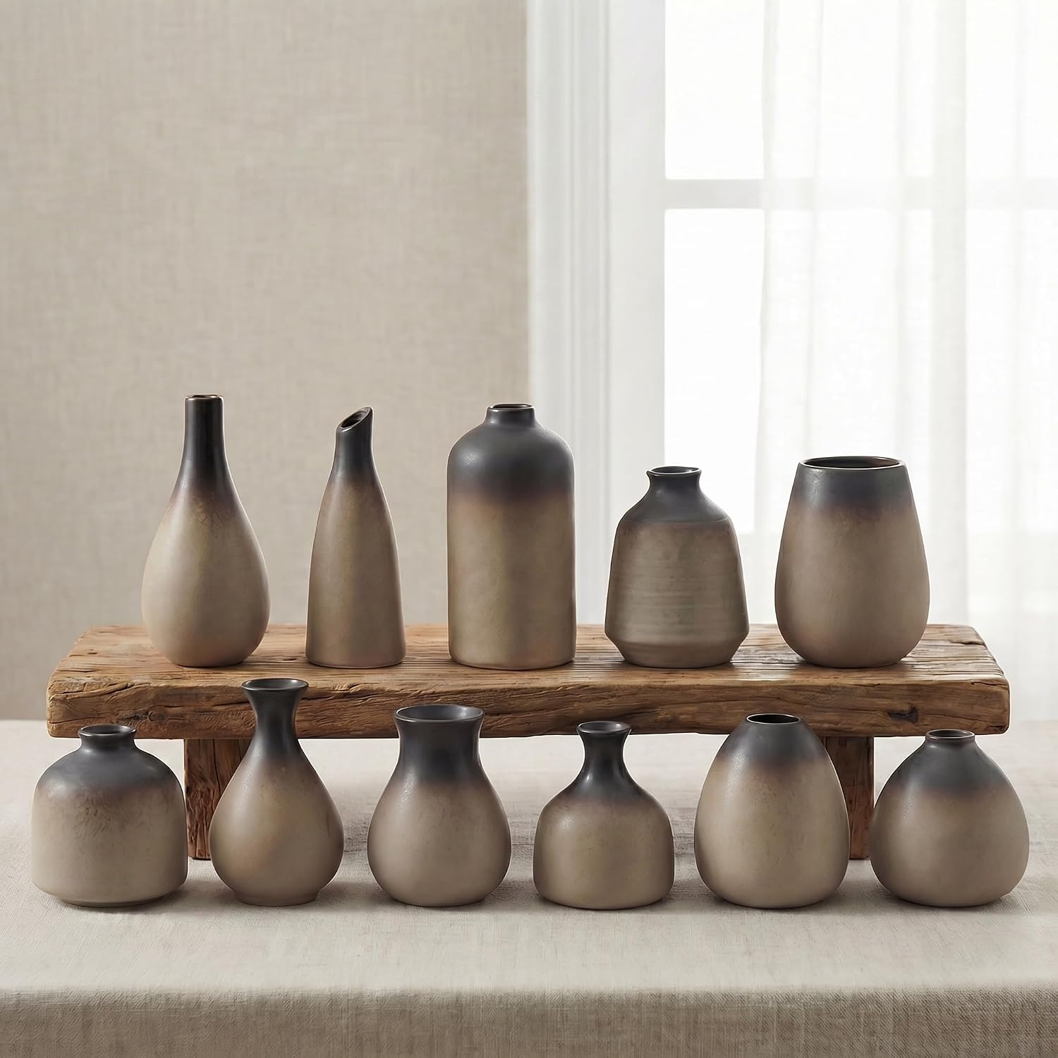 Ceramic Bud Vases, Rustic Small Vase Set of 11, Mini Pottery Vases for Flowers, Modern Farmhouse Home Decor, Clay Vases for Wedding Centerpiece, Shelf and Dinning Table Decoration