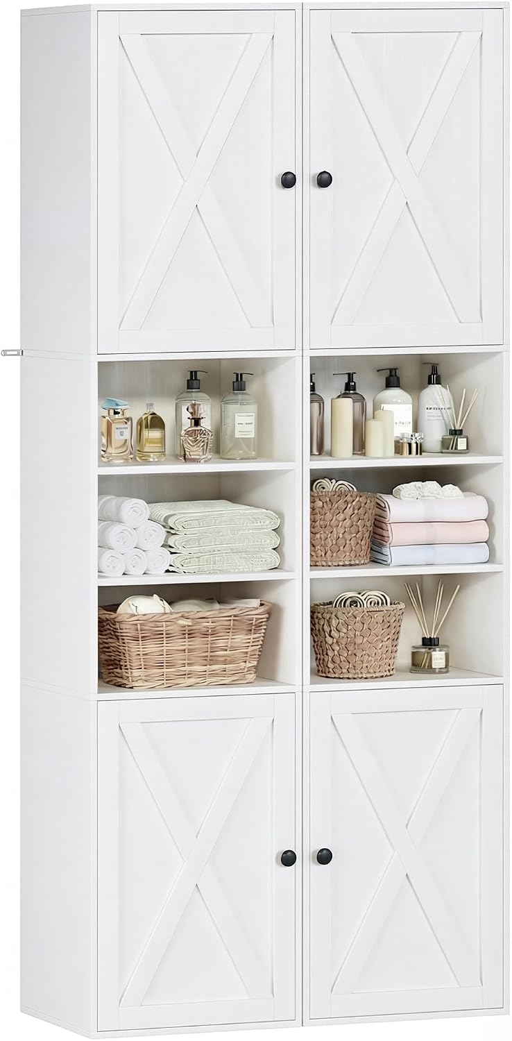 70.8" Tall Bathroom Storage Cabinet Set of 2 with Barn Doors, Narrow Storage Cabinet with Adjustable Shelves & Open Compartments, Slim Floor Cabinet for Bathroom, Kitchen, Entryway, Living Room, White