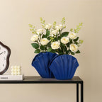 Blue Ceramic Shell Vase Set of 2 - Coastal Decorative Vases for Home Decor, Pampas Grass or Flowers, Navy Blue Centerpieces for Coffee Table, Shelf, Fireplace Mantle, Entryway or Dining Room
