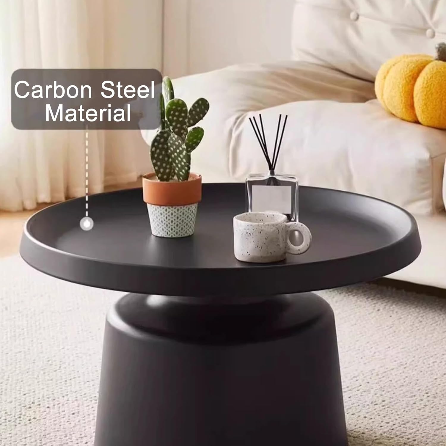 Carbon Steel Round Side Table with Raised Edge, Scratch-Resistant Small end Tables Living Room, Nightstand for Small Spaces, Balcony, Bedroom(Black,70x41x46cm)