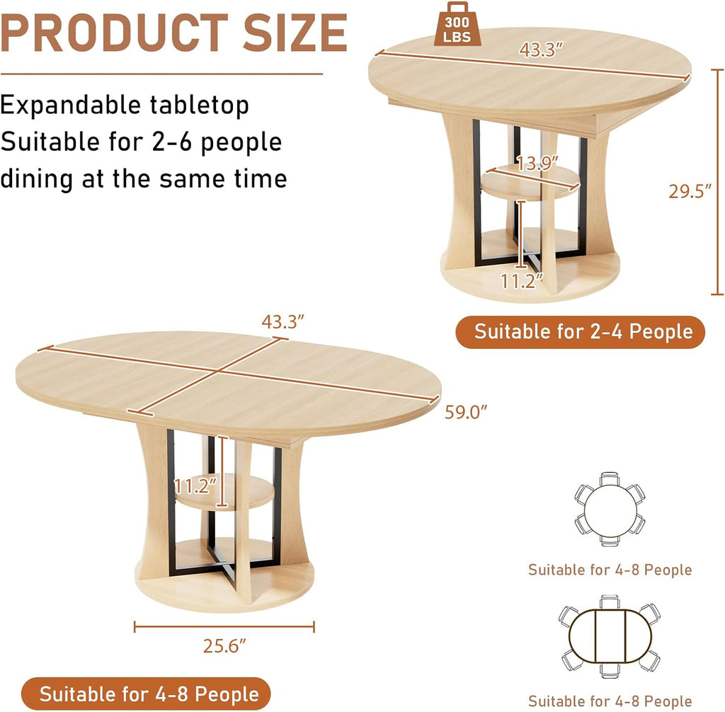 AwayHome 43.3''-59'' Extendable Round Dining Table for 4-8, Modern Kitchen Expandable Dining Table with Storage, Space Saving Circle Oval Kitchen Table with Leaf for Dining Room Living Room