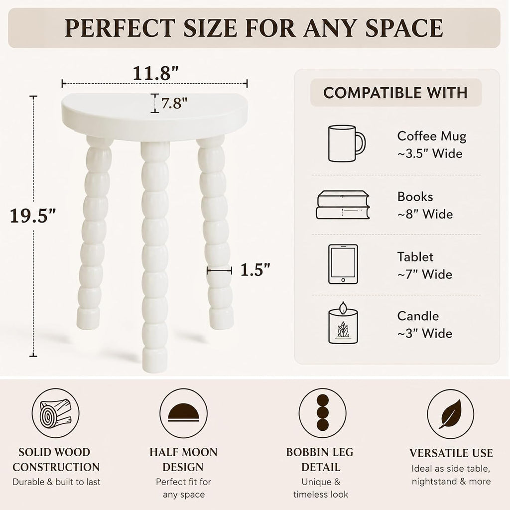 LitaEther 19.5" Wooden Bobbin Leg Side Table - Half Round Table - Wooden Accent Stool- Half Moon Tripod Table for Bedroom, Hallway, Living Room, Sofa Side (White,1pcs)