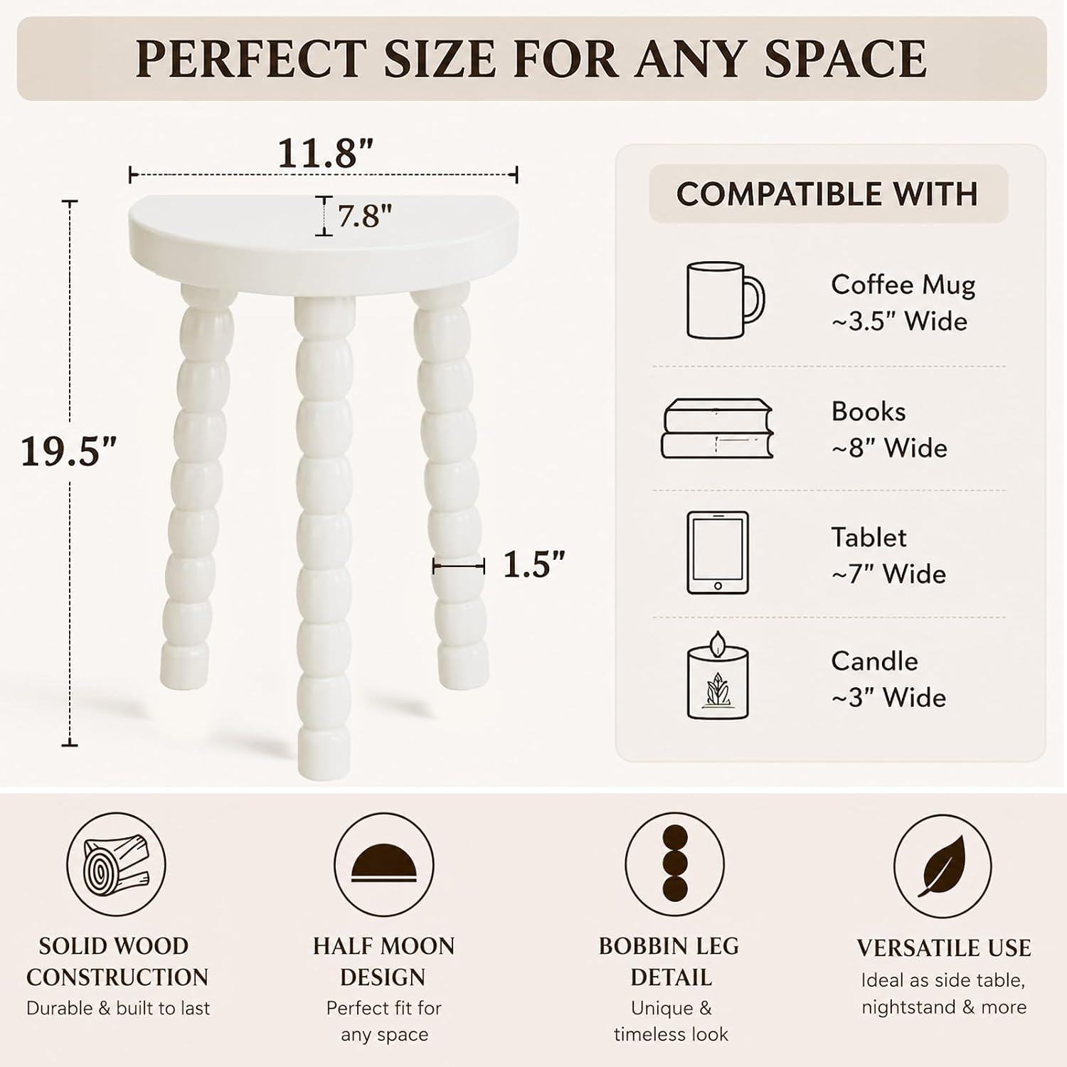 LitaEther 19.5" Wooden Bobbin Leg Side Table - Half Round Table - Wooden Accent Stool- Half Moon Tripod Table for Bedroom, Hallway, Living Room, Sofa Side (White,1pcs)