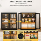 Display Cabinet with Glass Doors and Adjustable Shelves,34" Tall Bookcase with LED Lights,3-Tier Curio Cabinet for Collectibles,Glass Display Case for Living Room,Black