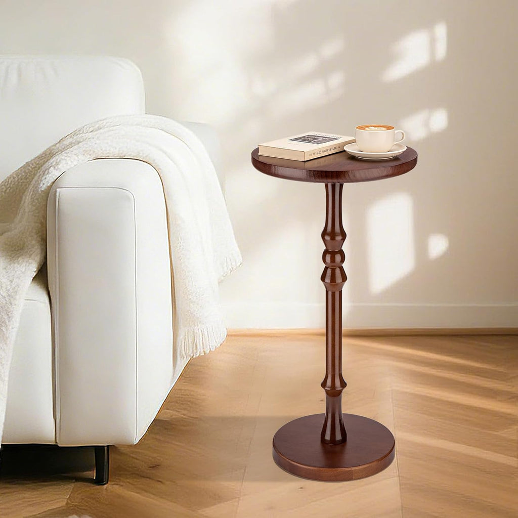 Round Side Table for Small Spaces, Drink Table with Oak Wood Pedestal Base, Modern Accent End Table or Nightstand for Living Room, Bedroom, Office, and Corners, Tool-Free Assembly, Brown