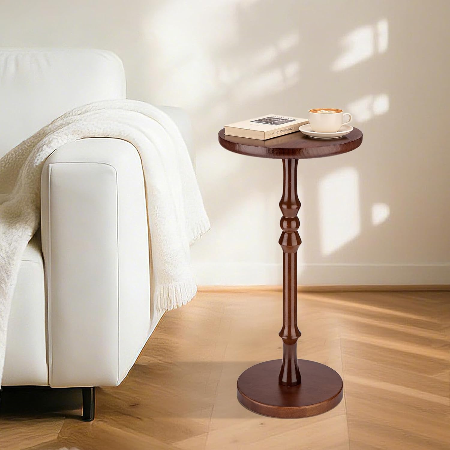 Round Side Table for Small Spaces, Drink Table with Oak Wood Pedestal Base, Modern Accent End Table or Nightstand for Living Room, Bedroom, Office, and Corners, Tool-Free Assembly, Brown
