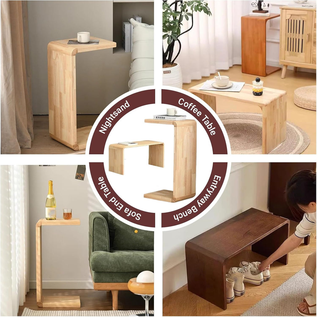 C-Shaped End Table Solid Wood Sofa Side Table for Living Room,Small,Modern,Bedside Accent Table,Mobile,Coffee Table,Bedroom,Nightstand(69cm/27.2″, Black 1)