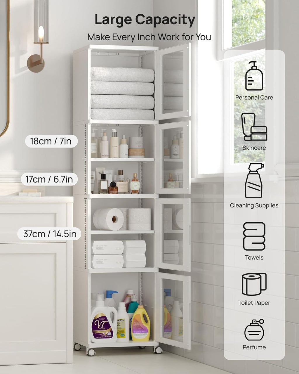 Vtopmart 63.2" Tall Slim Bathroom Storage Cabinet with 4 Adjustable Shelves and 4 Doors, Freestanding Narrow Cabinets Organizer with Wheels and Anti-tip for Laundry, Kitchen, Pantry, White