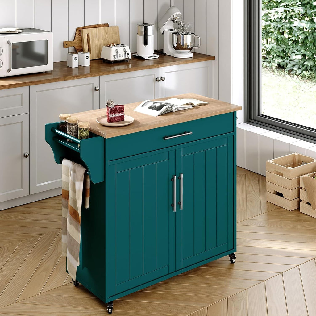 Wood Kitchen Island with Storage, Rolling Kitchen Island On Wheels, Mobile Island Trolley Cart Sideboard Cabinet with Towel Rack, Spice Rack, Adjustable Shelf, Wooden Top & Large Drawer, Dark Green
