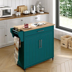 Wood Kitchen Island with Storage, Rolling Kitchen Island On Wheels, Mobile Island Trolley Cart Sideboard Cabinet with Towel Rack, Spice Rack, Adjustable Shelf, Wooden Top & Large Drawer, Dark Green