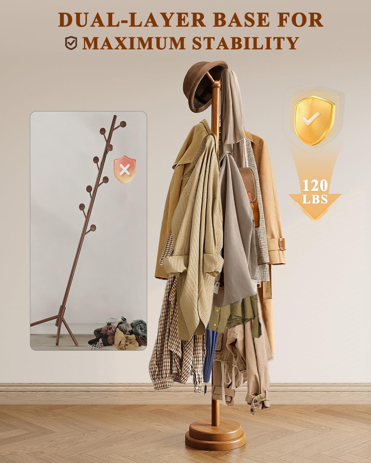 STARSAGA Solid Wood Coat Rack Freestanding Coat Tree with 8 Hooks | Adjustable Height Heavy Duty Coat Rack with Rounded Hooks & Dual-Layer Base, Holds Coats Hats Bags for Entryway, Bedroom