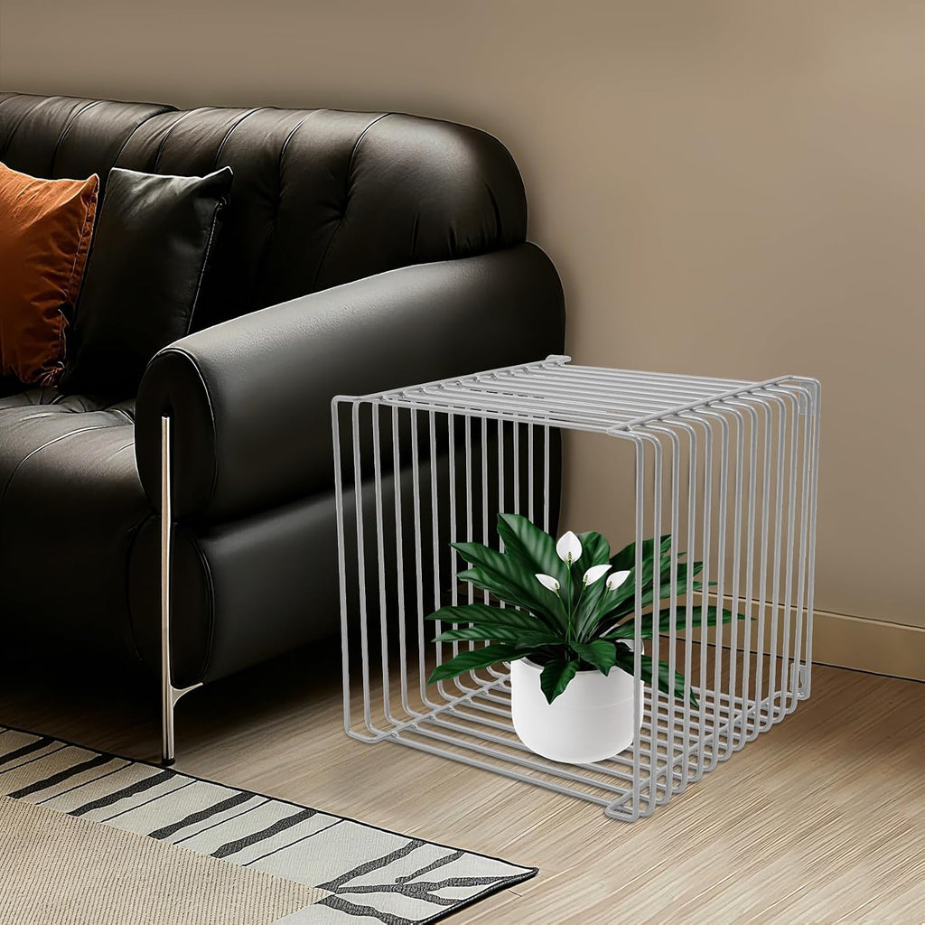 Square Geometry Retro Side Table, Linear Metal End Table, Iron Multi-Purpose Desktop Shelf, Wire Cube Storage Rack, Book Stackable, Accent Table, Nightstand for Bedroom (Silver)