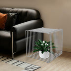 Square Geometry Retro Side Table, Linear Metal End Table, Iron Multi-Purpose Desktop Shelf, Wire Cube Storage Rack, Book Stackable, Accent Table, Nightstand for Bedroom (Silver)