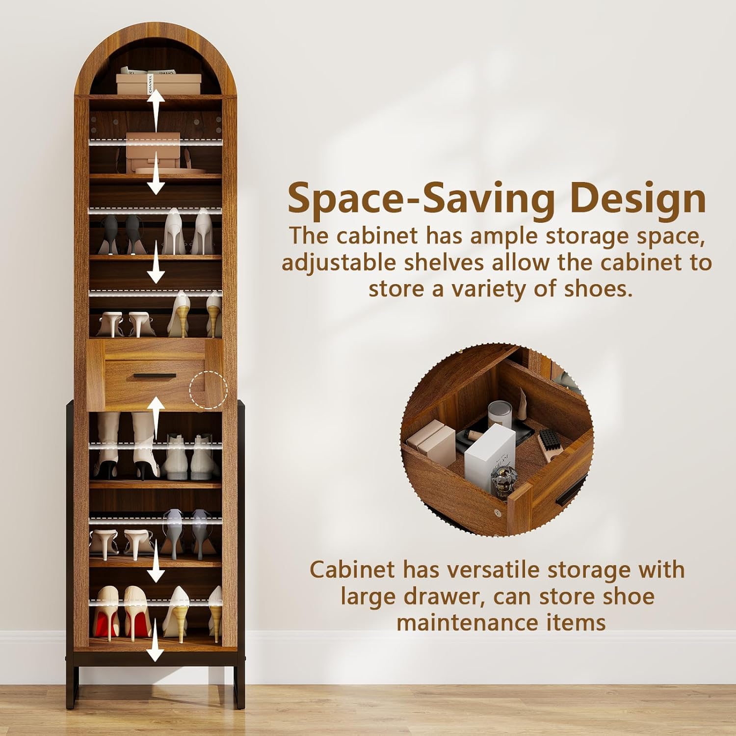 YU YUSING 71" Tall Shoe Storage Cabinet, 8 Tiers Arched Shoe Rack Organizer with Drawer, Freestanding Shoe Closet Shelf with Open Storage for Closet, Entryway, Living Room
