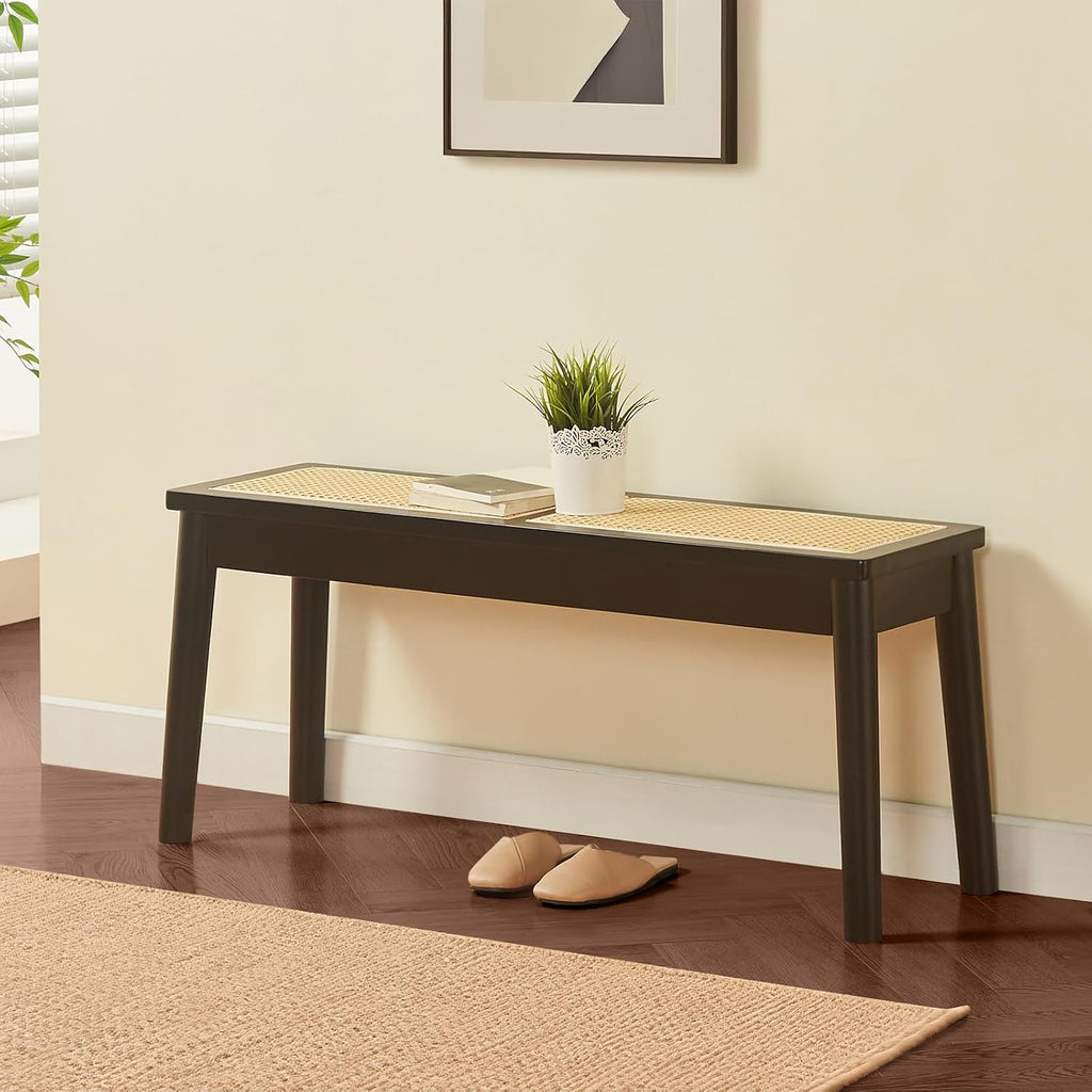 40" Wooden Dining Bench with Hand Woven Rattan Seat,Solid Wood Bench for Entryway,Living Room,Kitchen and Bedroom（Black，18" H