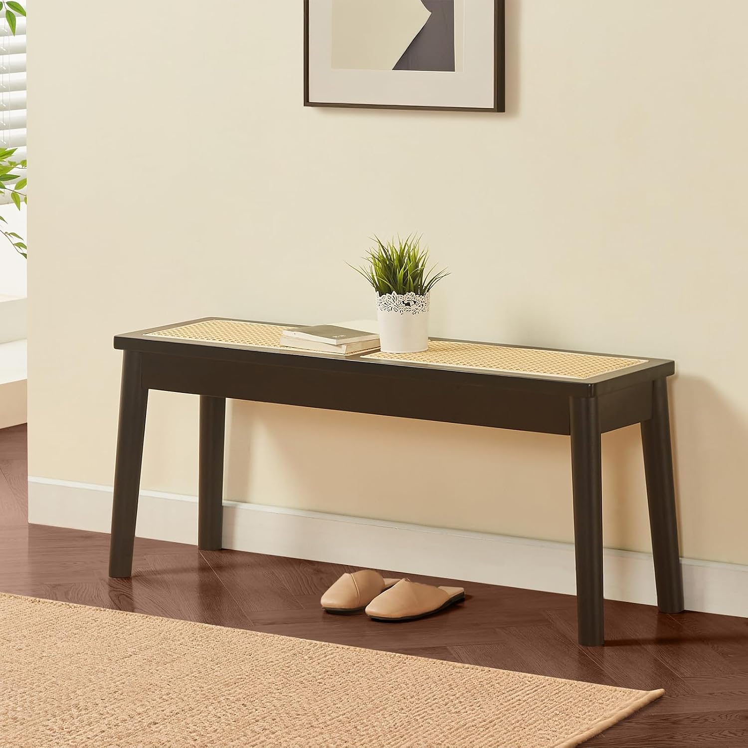 40" Wooden Dining Bench with Hand Woven Rattan Seat,Solid Wood Bench for Entryway,Living Room,Kitchen and Bedroom（Black，18" H