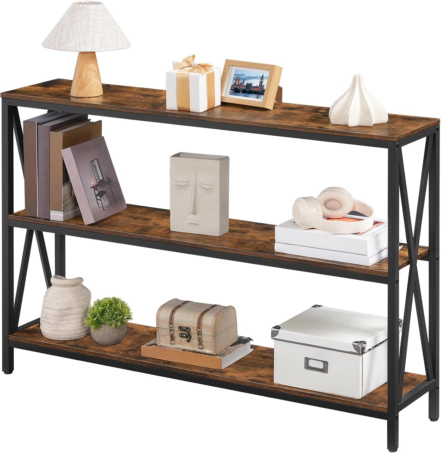 MAHANCRIS 47.2" Sofa Table, Industrial Console Table, 3-Tier Narrow Sofa Table with Storage Shelves, Foyer Table for Entryway, Hallway, Kitchen, Living Room and Bedroom, Rustic Brown CTHR800201