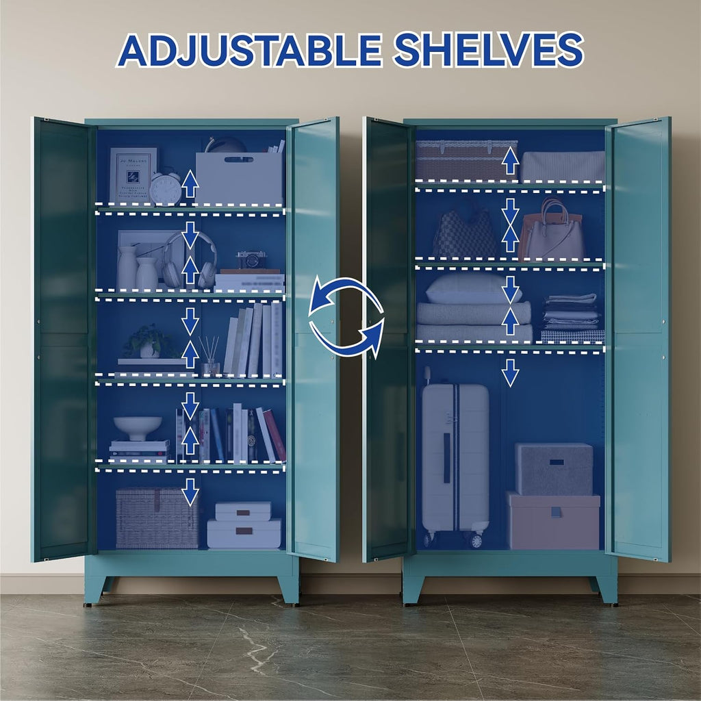 COFaR Metal Pantry Cabinet with Doors, Farmhouse 71'' Tall Storage Cabinet with 4 Adjustable Shelves, Kitchen Pantry Cabinet for Dinning Room, Laundry, Peacock Blue 5-Tier