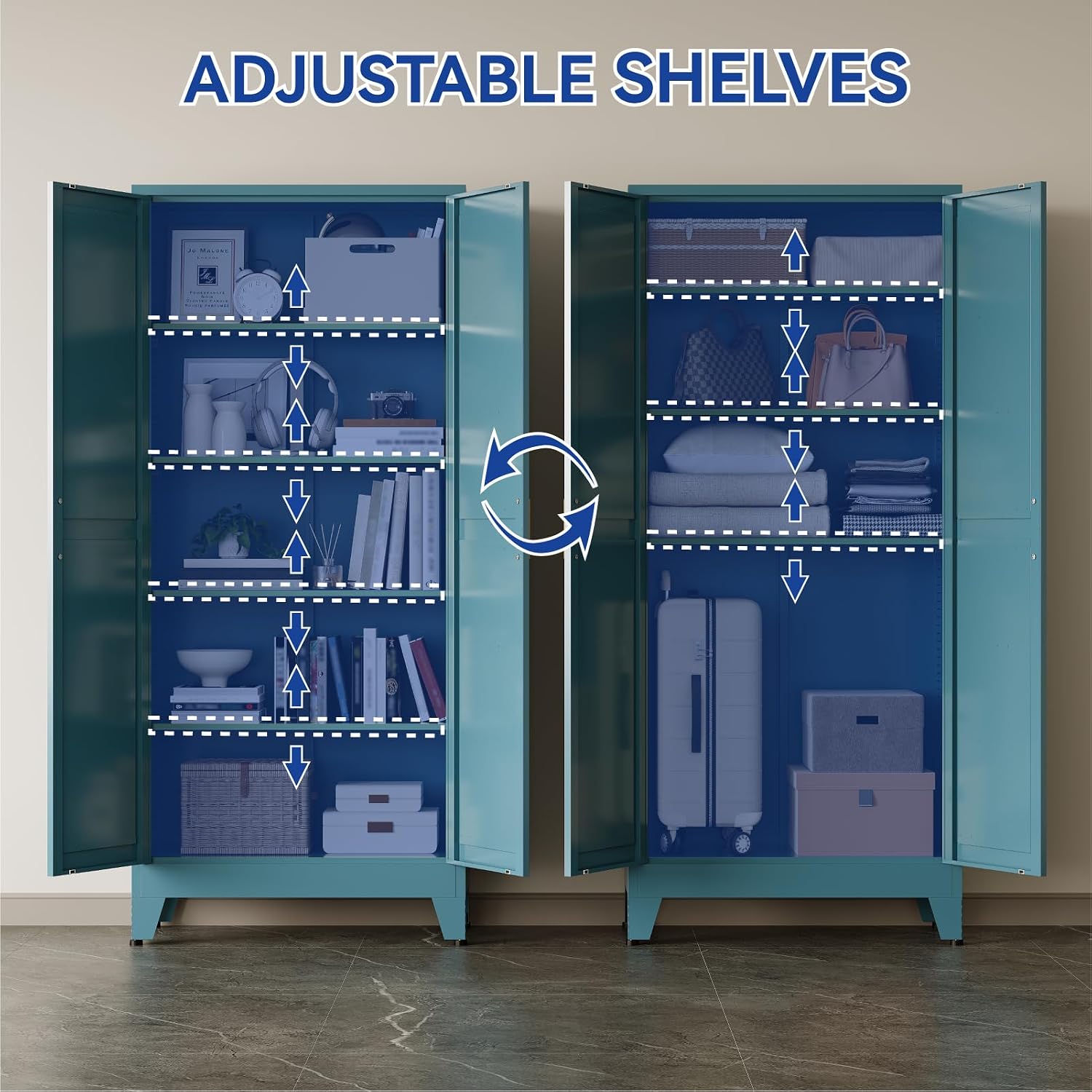 COFaR Metal Pantry Cabinet with Doors, Farmhouse 71'' Tall Storage Cabinet with 4 Adjustable Shelves, Kitchen Pantry Cabinet for Dinning Room, Laundry, Peacock Blue 5-Tier