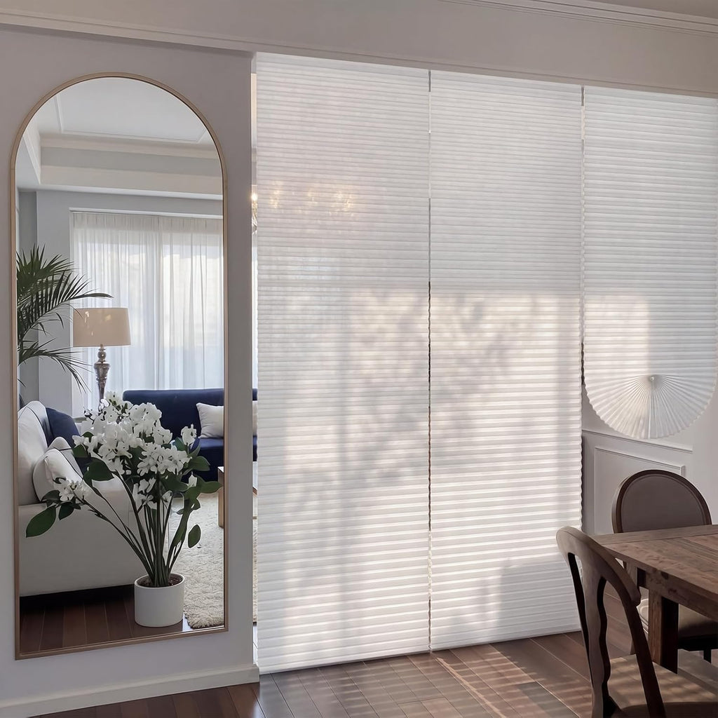 Threehoney 4 Pcs Non Woven Room Divider 30 x 118 Inch No Drilling Pleated Blinds for Room Separation Adjustable Temporary Light Filtering Privacy Screen Wall Divider for Home Bedroom Office