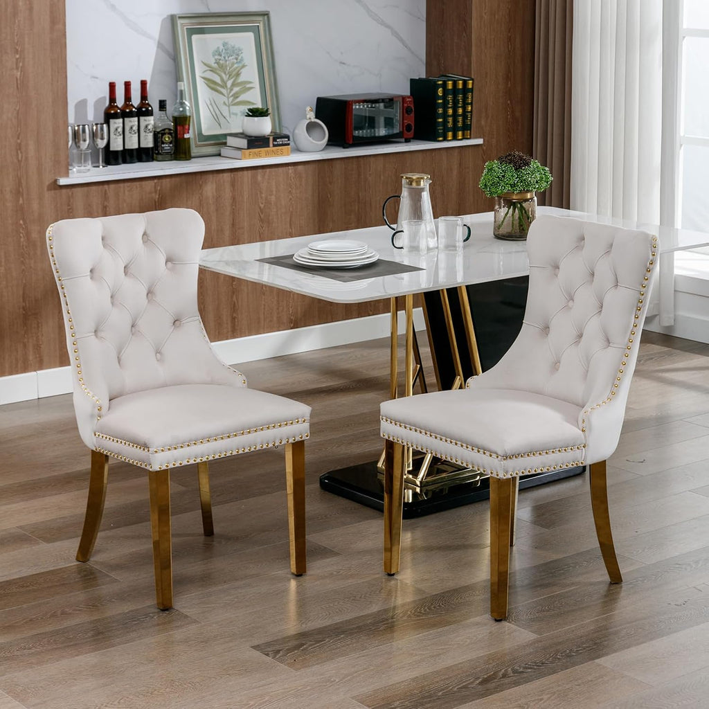 Mid Century Modern Dining Chairs Set of 4, Beige Velvet Upholstered Tufted Back, Kitchen & Dining Room Chairs, Gold Metal Legs, Nailhead Trim, Sillas para Comedor (Beige, 4 Pcs)