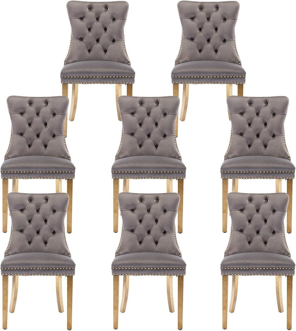 Velvet Upholstered Dining Chairs Set of 8, Modern Style Kitchen Side Chairs with Nailhead Trim and Gold Plated Leg, Metal Pulling Ring for Dining Room Living Room(Grey)