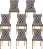 Velvet Upholstered Dining Chairs Set of 8, Modern Style Kitchen Side Chairs with Nailhead Trim and Gold Plated Leg, Metal Pulling Ring for Dining Room Living Room(Grey)