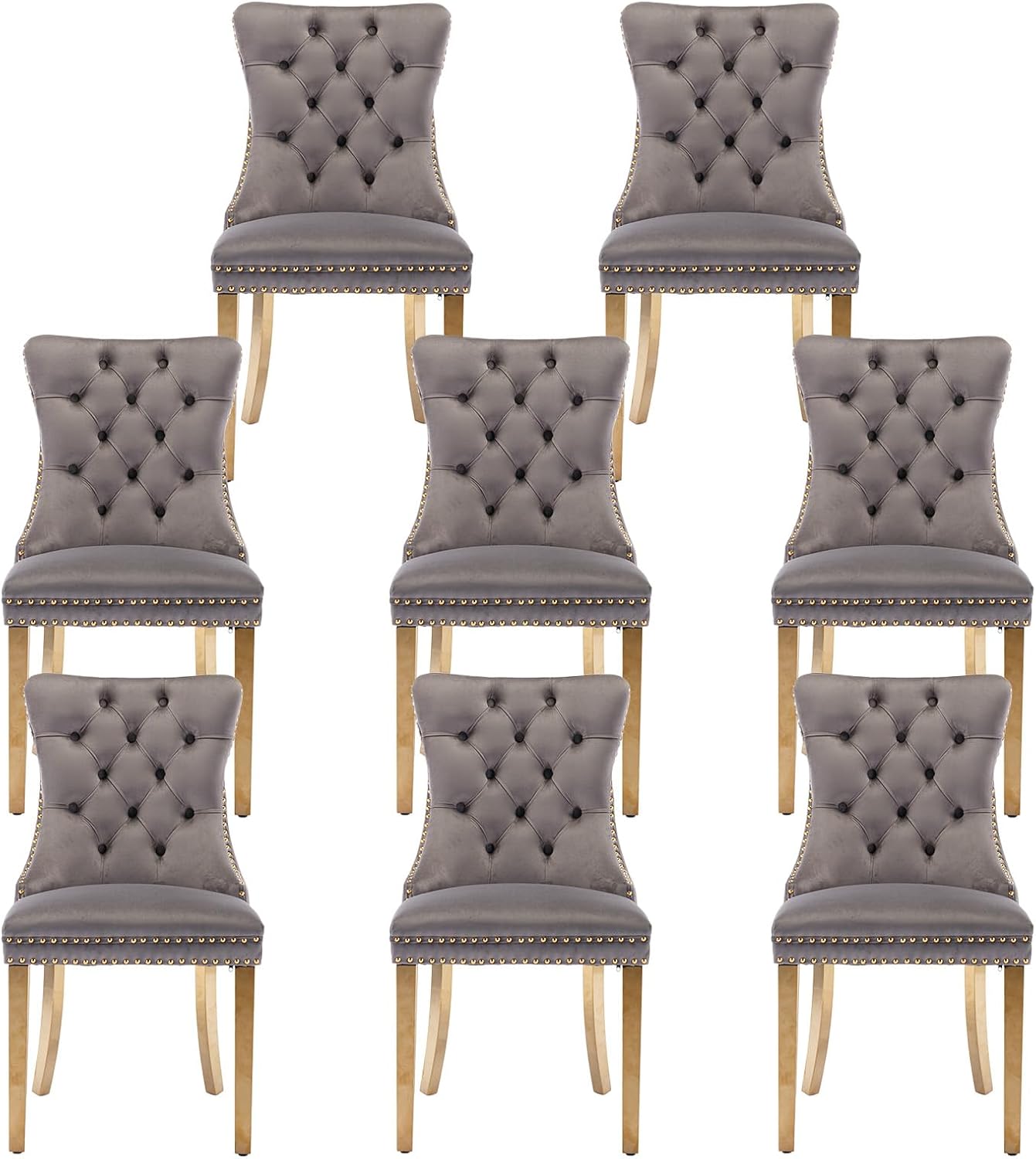 Velvet Upholstered Dining Chairs Set of 8, Modern Style Kitchen Side Chairs with Nailhead Trim and Gold Plated Leg, Metal Pulling Ring for Dining Room Living Room(Grey)