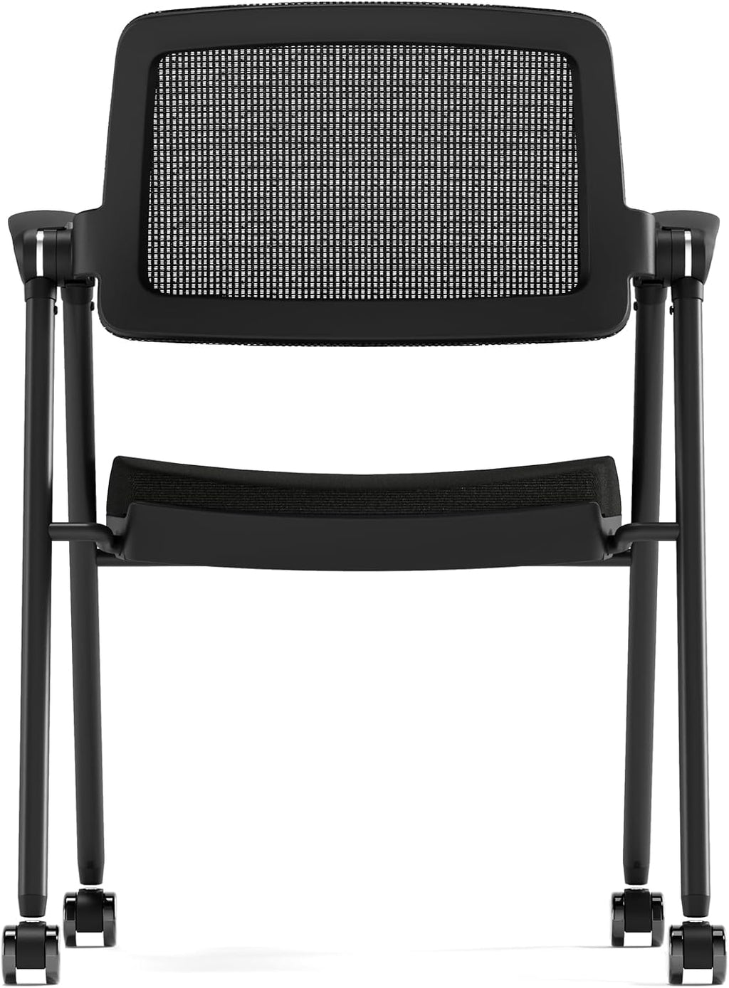 Stackable & Foldable Office Chair, Folding Desk Chair with Flip-Up Armrest, Breathable Mesh, Thick Seat Cushion & Rocking Backrest, Conference Room Chair with Wheel (Black，1)