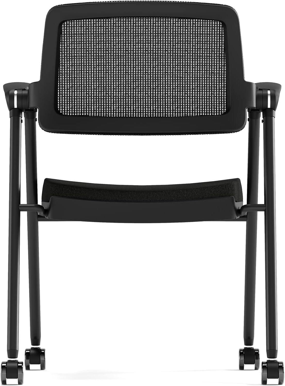 Stackable & Foldable Office Chair, Folding Desk Chair with Flip-Up Armrest, Breathable Mesh, Thick Seat Cushion & Rocking Backrest, Conference Room Chair with Wheel (Black，1)