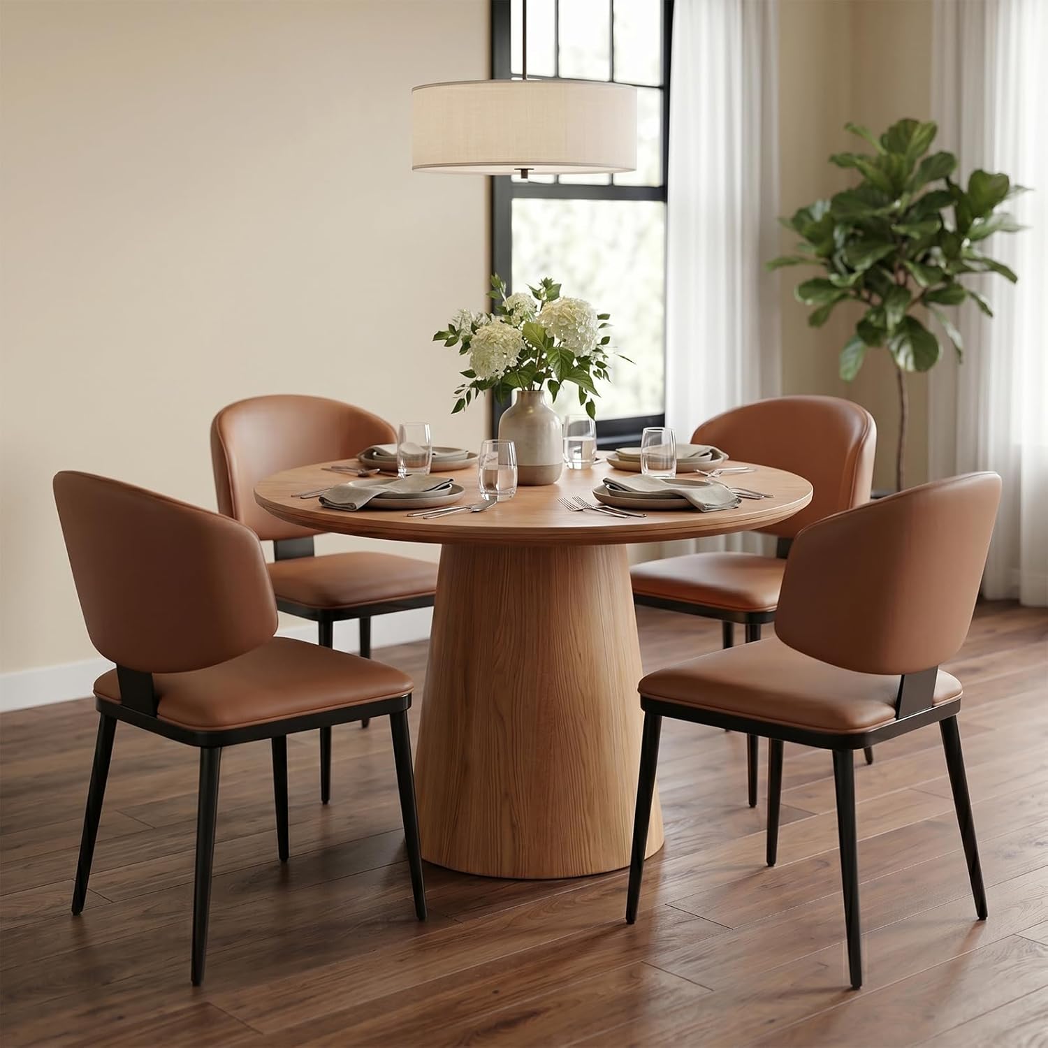 Dining Chairs Set of 4, Modern Armless Faux Leather Kitchen Chairs with Curved Back, Easy to Assemble & Clean for Dining Rooms, Cafes, Restaurants, and Small Spaces, Brown