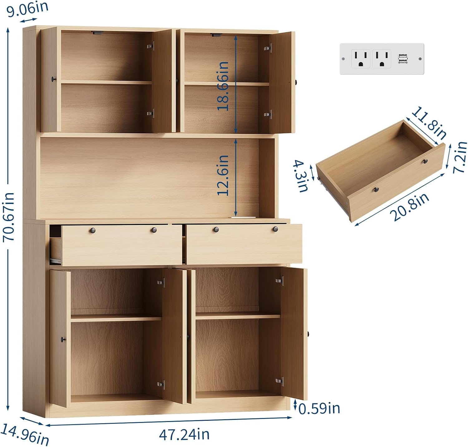 GarveeLife 71" Tall Kitchen Pantry Cabinet with Charging Station – 47" Wide Storage Hutch with Countertop, Microwave Stand, 2 Drawers, and Power Outlet for Dining Room, Living Room, Natural