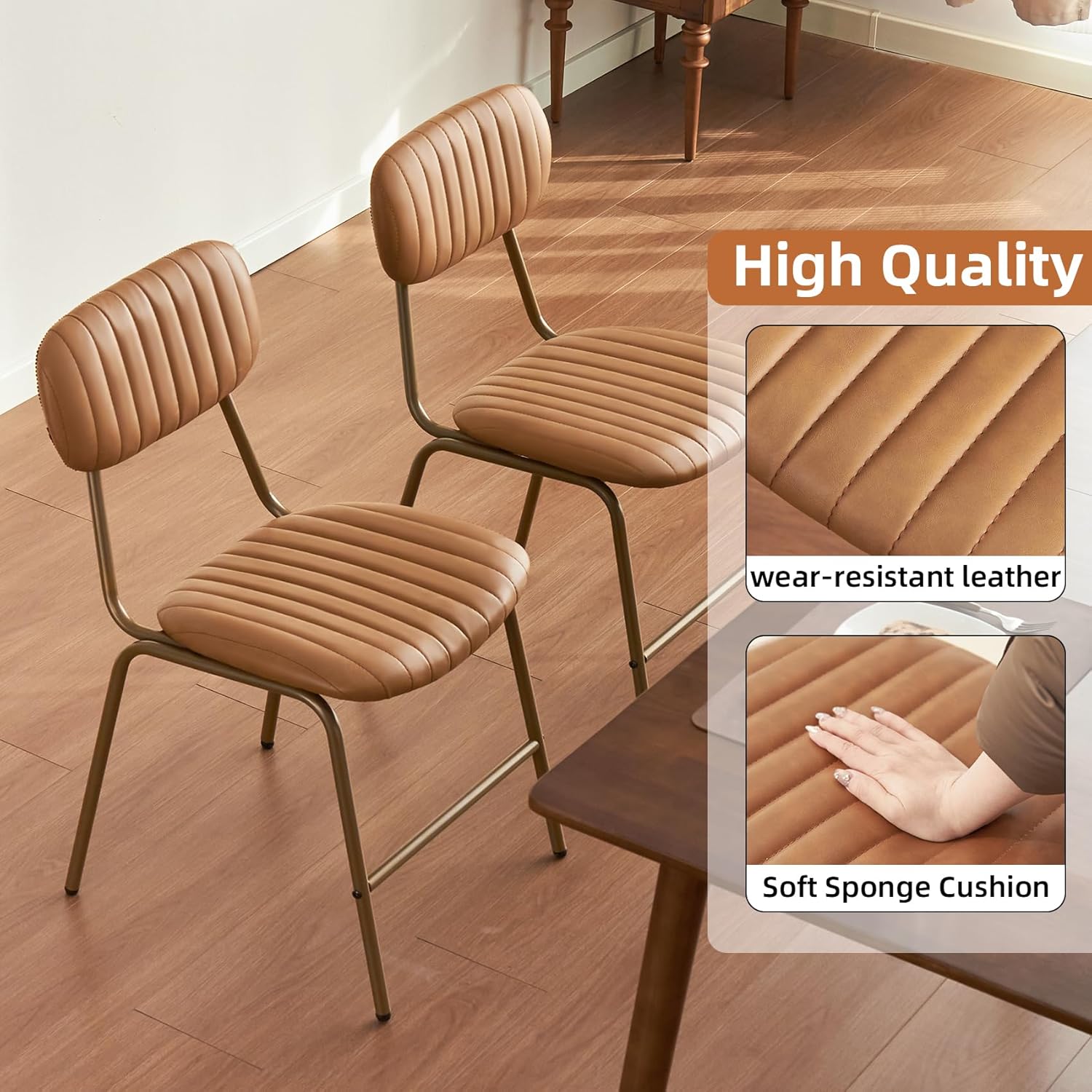 Mid Century Modern Dining Chairs Set of 2, Retro Chair with Faux Leather Upholstered Seat/Backrests & Vintage Distressing Metal Legs & Leg Protectors for Kitchen Dining Room (Brown,Assemble)