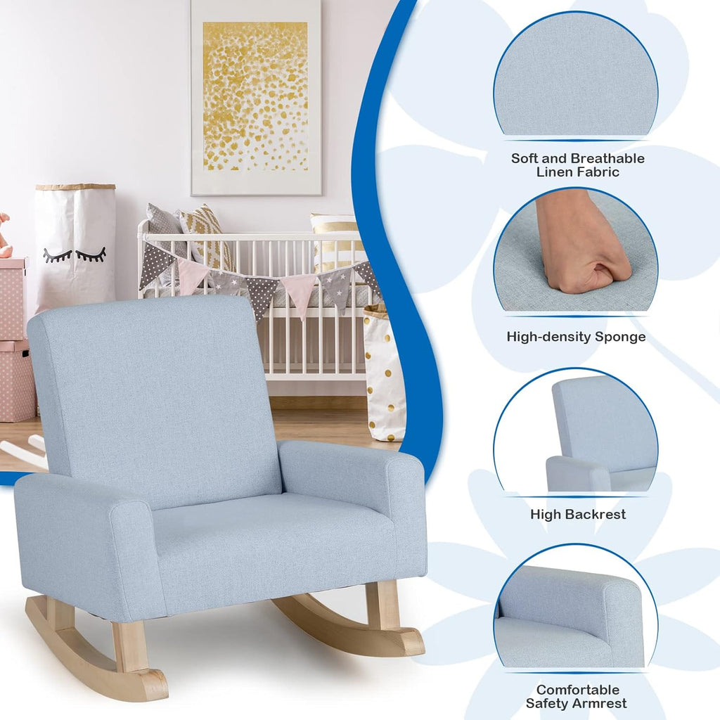 Costzon Kids Sofa, Toddler Rocking Chair with Solid Wood Frame, Linen Fabric, Anti-Tipping Design, Children Furniture Armchair for Kids Room, Nursery, Playroom, Preschool, Gift for Boys Girls (Blue)