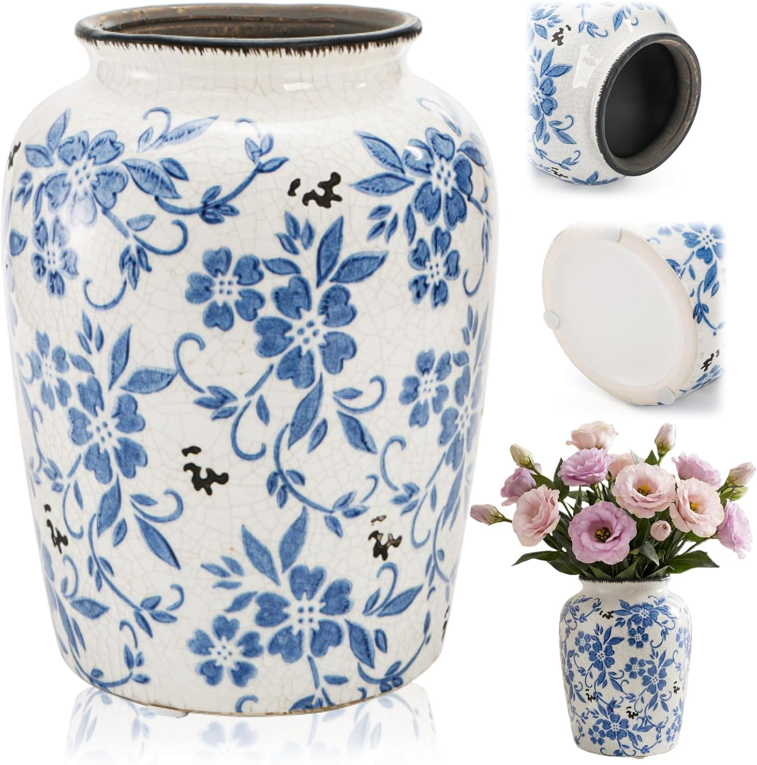 Goaste Vintage Blue and White Porcelain Vase, 7.7 Inch Chinoiserie Ceramic Flower Vase, Decorative Ice Crackle Pottery Vases, Handmade Oriental Floral Terracotta for Home Decor, Table Centerpiece