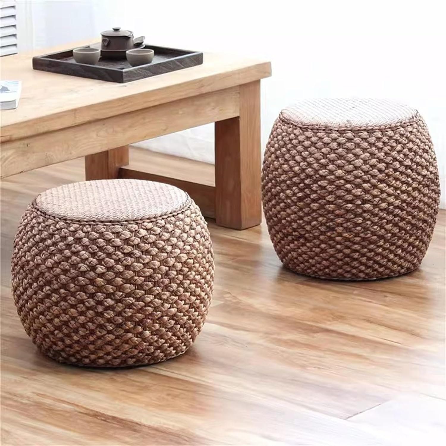 Small Round Ottoman Footrest Stool with Cushion Boho Decorative Accent Seat for Living Room Entryway Footrest Pouf Hand Knitted(37cm/14.5in)