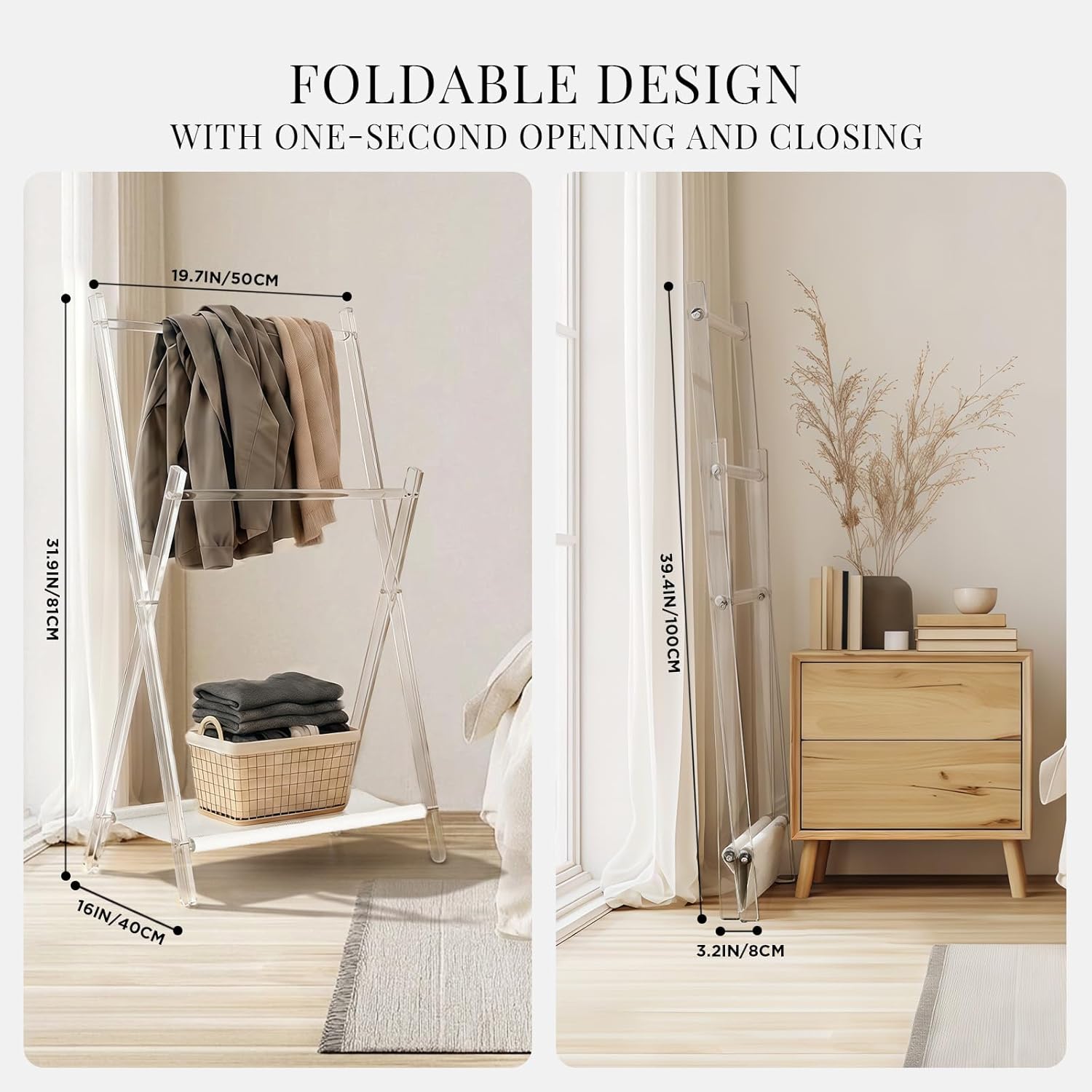 Acrylic Coat Rack Stand with Shelf, Foldable Clear Coat Hanger Stand, Modern Acrylic Hall Tree for Entryway, Bedroom, Living Room, Sturdy & Easy to Assemble
