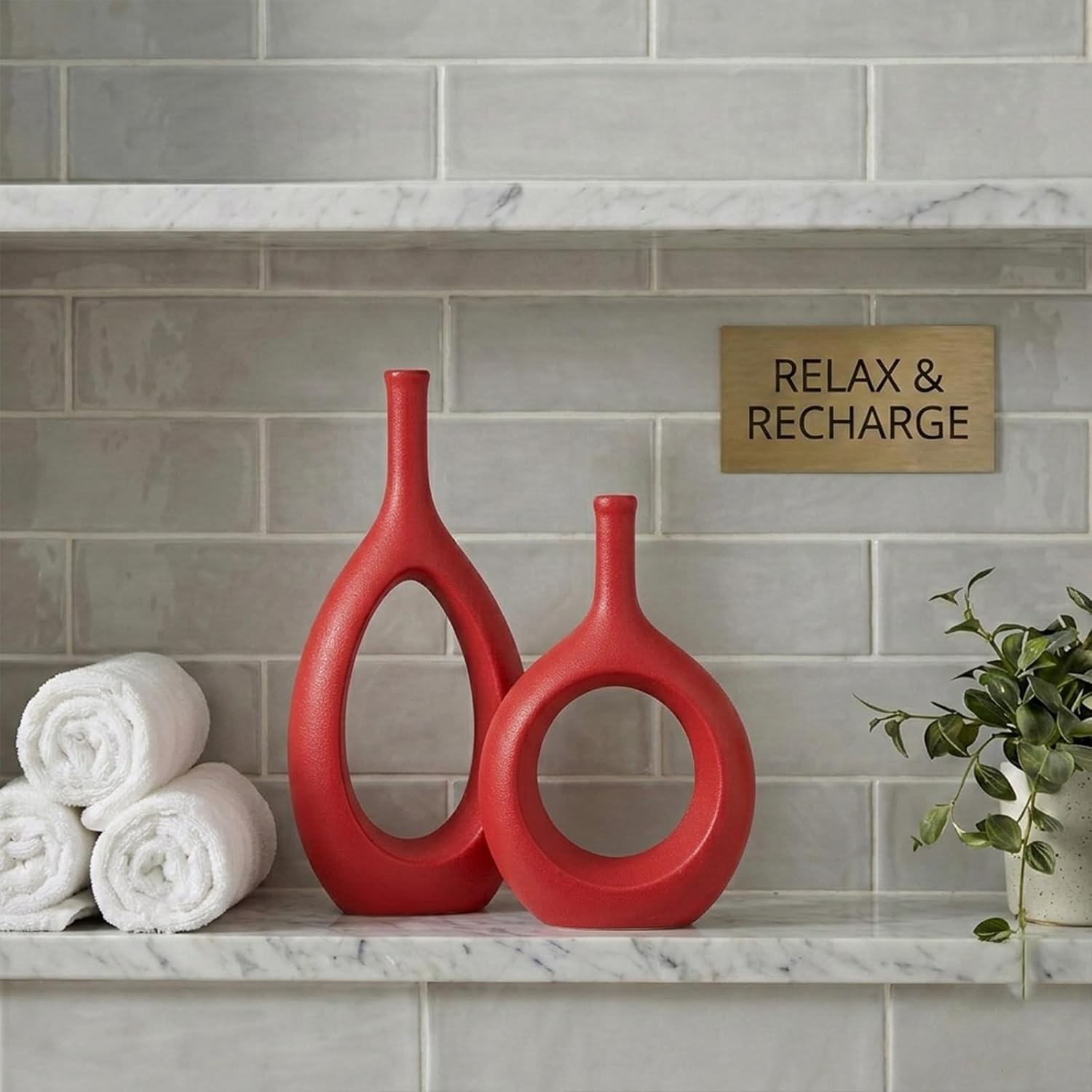 Red Ceramic Hollow Elliptical Vase Set of 2 - Boho Circle Vase with Hole, for Modern Red Table Decor, Living Room Decor Shelf mid Century Modern Home Entrance Decorative vase