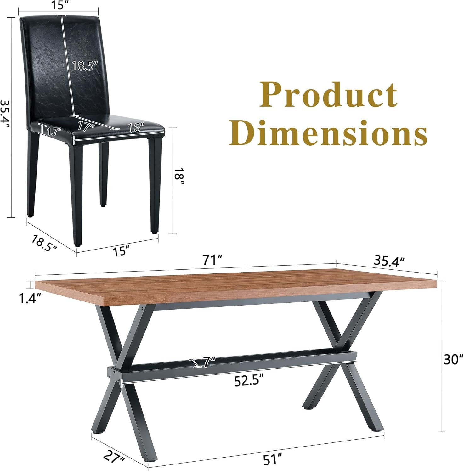 71" Farmhouse Dining Table Set for 6, 7 Piece Rectangular Kitchen Table and Chairs Set, Walnut Wood Grain Dining Room Table with Iron Legs & 6 Black Upholstered Chairs, Easy Assembly