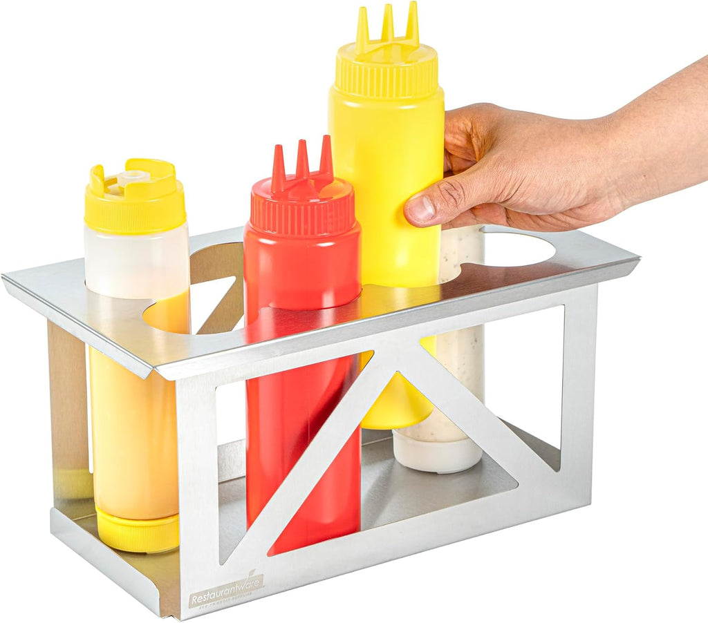 Restaurantware Squeeze Bottle Holder 1 Count Fits 1/3 Size Pan 12.79 x 7.09 x 6.26 Inch Stainless Steel Condiment Bottle Organizer - Durable Kitchen Prep Bottle Rack - Silver