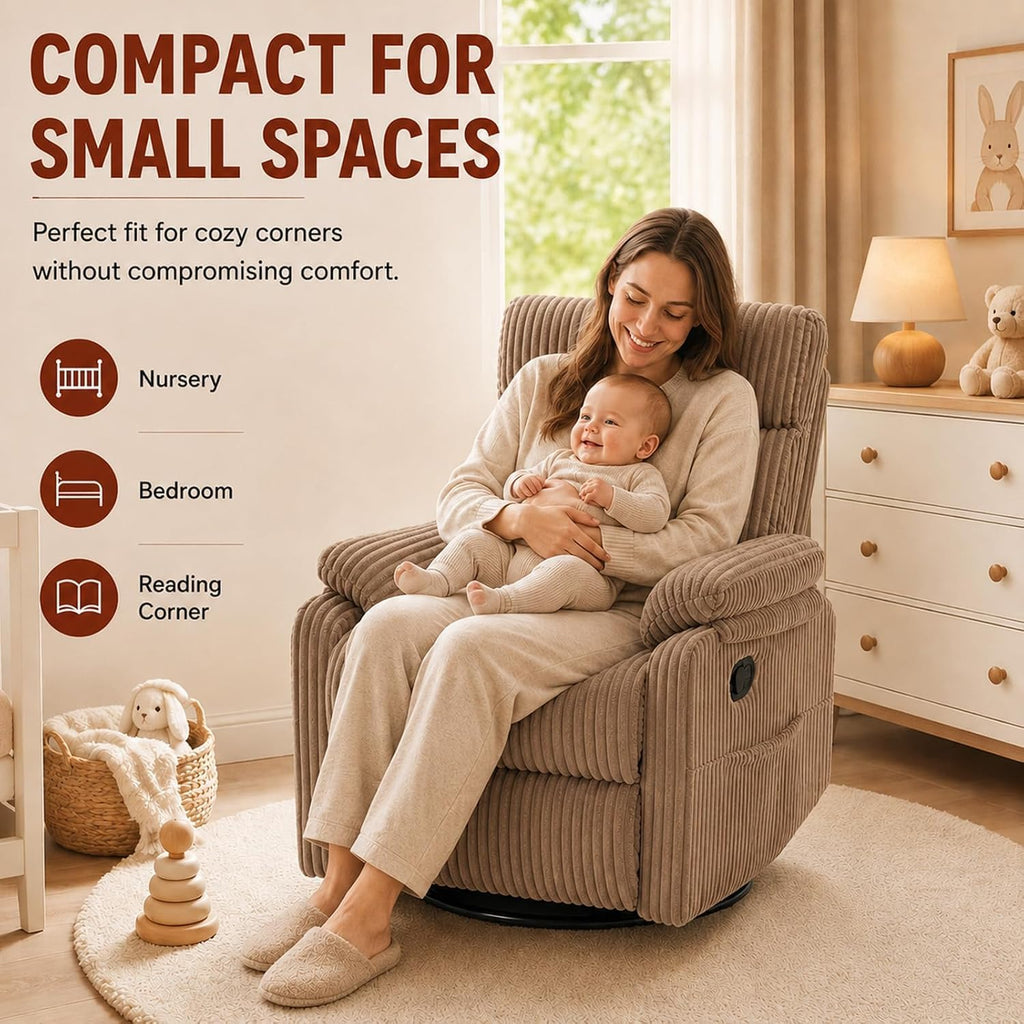 Super Soft Brown Rocking Chair Nursery Recliners, Small Recliner Rocking Chair for Small Spaces, Manual Swivel Glider Recliner for Living Room Bedroom Office, Corduroy, Adjustable Backrest (Brown, 1)