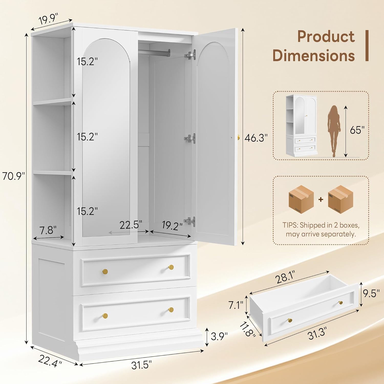 LIKIMIO Armoire Wardrobe Closet with Full Length Mirror, 3 Open Shelves | 71" Freestanding Bedroom Armoire with 2 Drawers, 3 Side Hooks & Hanging Rod, Clothing Storage Cabinet for Bedroom, White