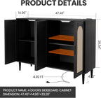Patikuin Rattan Sideboard Buffet Cabinet, Boho Accent Storage Cabinet, 4 Doors Console Table Coffee Bar with Power Outlet, Adjustable Shelves for Kitchen, Dining Room, Hallway, Living Room (Black_1)